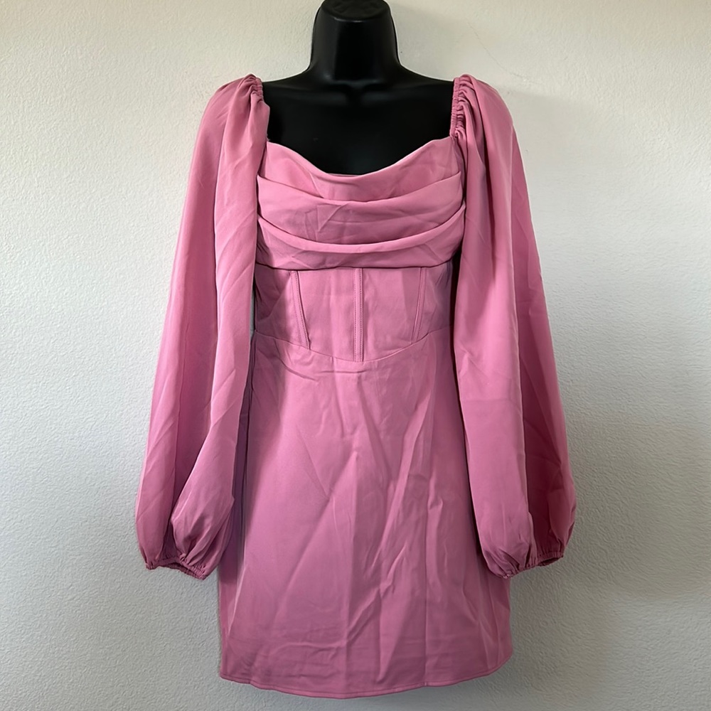 Princess Polly Lillie Mauve Pink Long Sleeve Corset Waist Cowl Neck Mini Dress - Picture 4 of 11